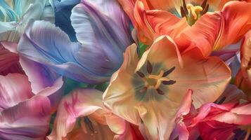 A close-up view of vibrant multicolored tulip blossoms showcasing their delicate petals and rich hues, creating a stunning floral display. photo