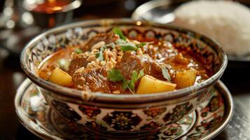Hearty bowl of spicy beef stew with tender potatoes, garnished with crushed peanuts and fresh herbs, served with rice, Thai food. photo