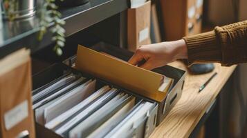A person organizing files in an office, highlighting efficient document management and a well-organized workspace. photo