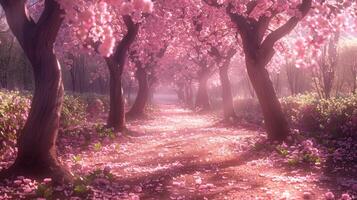 A magical pathway lined with blooming cherry blossom trees, their pink petals covering the ground, creating a dreamy atmosphere. photo
