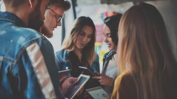 A group of young professionals collaborating and discussing ideas using digital tablets, fostering teamwork and innovation in a casual setting. photo