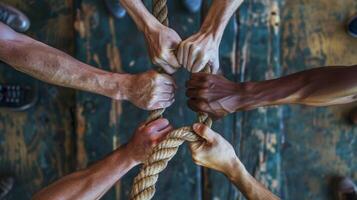 A group of diverse hands gripping a rope together, symbolizing teamwork, strength, and unity in collaborative efforts. photo