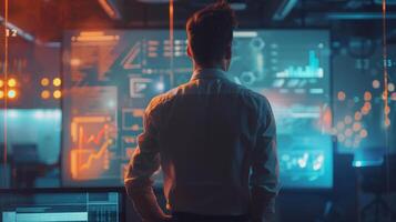 A man stands in front of a large futuristic digital display analyzing complex data and charts in a high-tech, dimly lit environment. photo