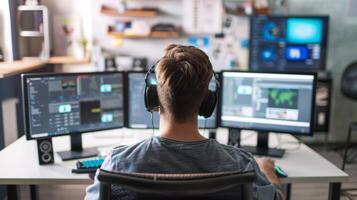 A man wearing headphones works on editing software displayed on multiple monitors in a modern, tech-savvy office setup. photo