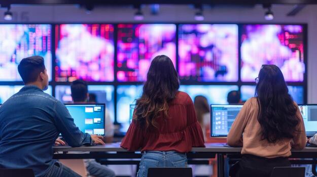 A team of professionals in a modern office environment analyzing data on multiple monitors, with large screens displaying colorful data visualizations. photo
