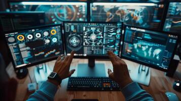 A person using multiple monitors to analyze data and complex visualizations in a high-tech office environment, focusing on various charts and graphs. photo