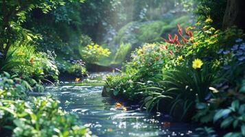 A serene stream flowing through a lush garden, surrounded by vibrant flowers and greenery, bathed in gentle sunlight. photo