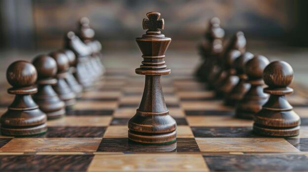 de cerca de un tablero de ajedrez con un Rey y peones organizado, destacando el estratégico y intelectual naturaleza de el juego. foto