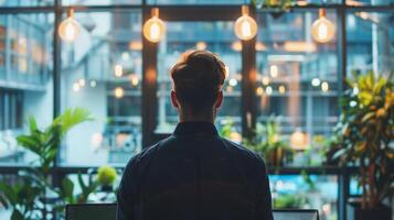 A man stands in a modern office filled with plants and warm hanging lights, looking out a large window at an urban environment. photo