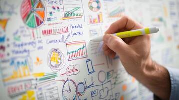 A person drawing colorful business diagrams and charts on a whiteboard, illustrating brainstorming, planning, and creative strategy development. photo