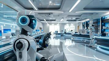A sleek, futuristic office featuring robots and advanced technology, with modern workstations and high-tech equipment in a bright, clean environment. photo