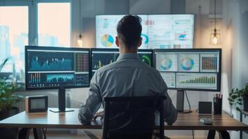 Man sitting at a desk in an office, analyzing data displayed on multiple monitors, surrounded by graphs and charts. photo