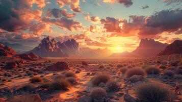 A stunning desert landscape at sunset featuring dramatic skies, rugged mountains, and vibrant colors, creating a breathtaking and serene scene. photo