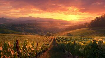 A picturesque vineyard stretches across rolling hills at sunset, with vibrant colors illuminating the landscape and creating a serene atmosphere. photo