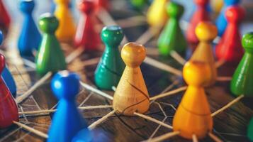 Close-up of colorful wooden figures connected by strings on a table, symbolizing teamwork, networking, and community in a vibrant setting. photo