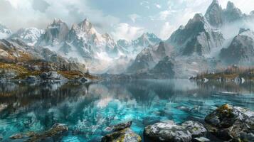 A pristine alpine lake with crystal clear water reflecting the surrounding snowy mountains under a partly cloudy sky, creating a breathtaking natural scene. photo