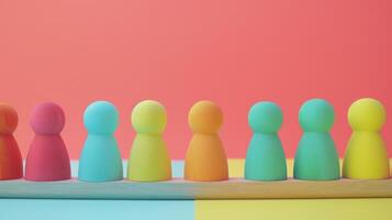 A row of colorful wooden figures arranged neatly on a wooden base, set against a vibrant, two-tone background, representing diversity and unity. photo