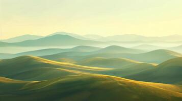Soft morning light illuminates a vast landscape of rolling hills, creating a serene and tranquil atmosphere with gentle gradients. photo