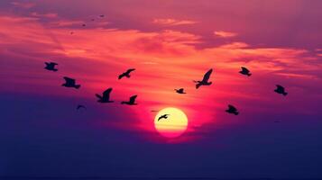 Silhouetted birds in flight against a breathtaking, colorful sunset sky, creating a serene and captivating scene. photo