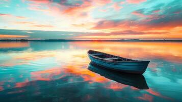 A vibrant sunset over a tranquil lake, with a solitary rowboat reflecting the stunning colors of the sky and water. photo