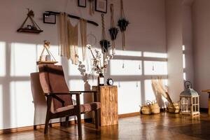 Cozy Bohemian Living Room Corner with Chair. Horizontal Photo