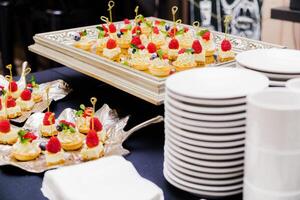 Dessert Canapes with Raspberry on Plates photo