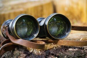 Close-up view of vintage binoculars placed on a tree log in a forest photo