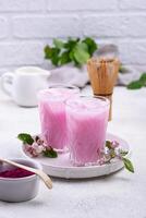 Pink matcha ice latte with milk photo