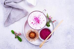 Pink matcha latte with milk photo