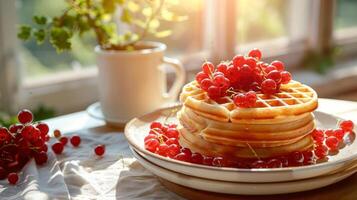 Waffles with fresh red currants and syrup on a plate photo
