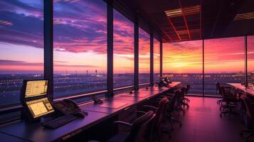 Modern control room with panoramic view of a sunset photo