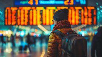 Traveler looking at departure board in a busy airport photo