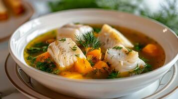 Delicious fish soup garnished with herbs and vegetables photo