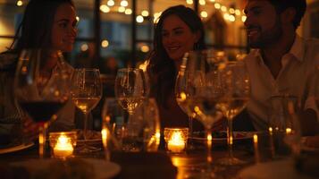 Friends enjoying dinner with wine in a cozy restaurant photo