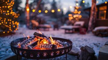 Cozy Fire Pit in Snowy Backyard with String Lights photo