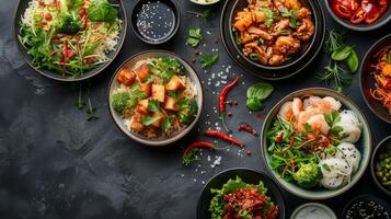 Assorted Asian cuisine dishes served on a dark table photo