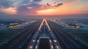 pista luces líder a aeropuerto terminal a puesta de sol foto