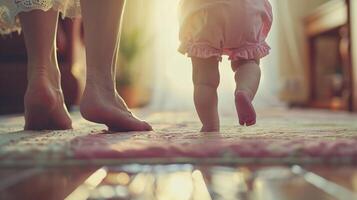 Parent and Child Walking Barefoot on Sunny Day photo