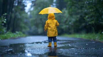Child in yellow raincoat holding an umbrella on a rainy day photo