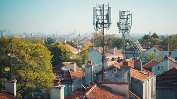 Telecommunication antennas on a rooftop with city view photo