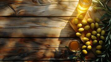 Olives and olive oil on wooden table with sunlight photo