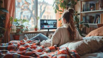 Woman relaxing at home while watching a movie on laptop photo