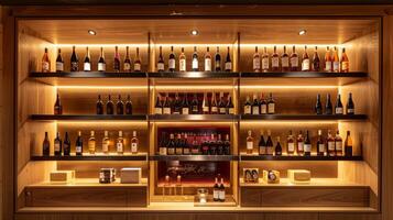 Shelves filled with various types of alcohol in a bar photo