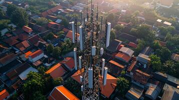 Telecommunication tower surrounded by urban landscape photo