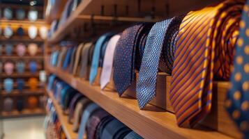 Display of various colorful ties on wooden shelves in a store photo