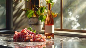 Grapes and wine bottle on a sunny windowsill photo