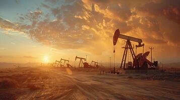 Oil pumps operating at sunset in a field photo
