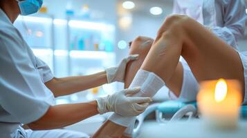 Medical professional wrapping a bandage around patient's leg photo