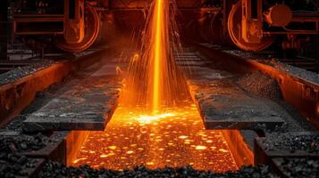 Molten metal pouring in a foundry with sparks photo