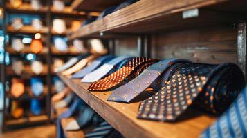 Close-up of colorful neckties on display in a store photo